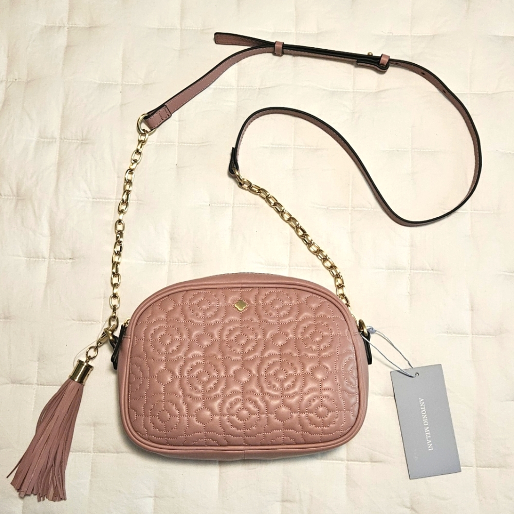 NWT Antonio Melani Larisa Camera Leather Crossbody: Rosette Floral Stitching‎